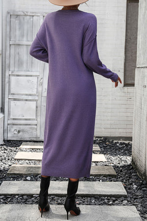 Mauve textured knit henley midi dress with long sleeves and button detail.