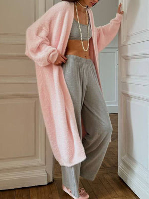 Plush pink maxi cardigan with balloon sleeves and open front, styled with grey loungewear.