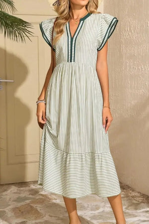 Midi dress in moss green and white stripes, V-neck with ruffle sleeves and tiered hem