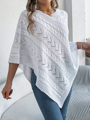 White cable knit poncho with chevron detail and V-neck