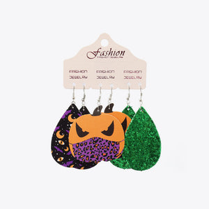 Halloween dangle earrings set with pumpkins and bats, featuring glitter and leopard print accents.