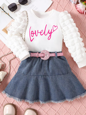Children S Letter Long Sleeve Top And Denim in White, front view