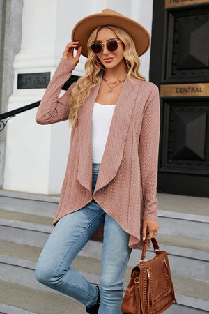 Dusty Pink cable knit cardigan with drape front and waterfall collar.