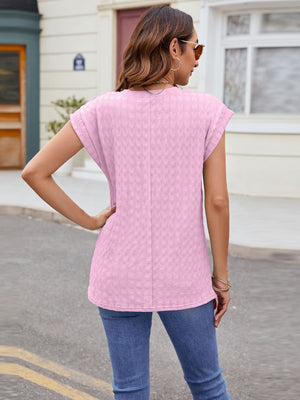 Pink textured cap-sleeve tee with subtle knit detail