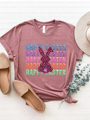 Dusty Pink t-shirt with leopard print bunny and "Happy Easter" text in glittery rainbow colors.