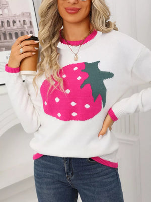 White acrylic blend sweater with large pink strawberry graphic and pink trim
