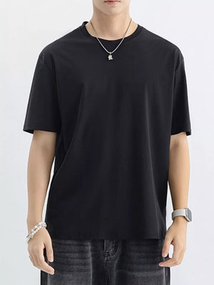 Men's black cotton crew neck t-shirt with short sleeves.