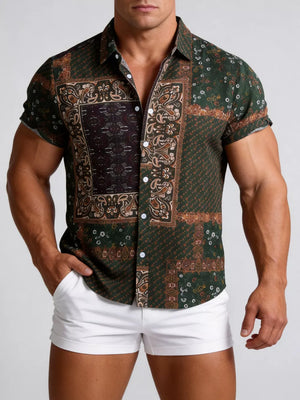 Button-down Graphic Short-sleeve Top in Camel, fabric detail