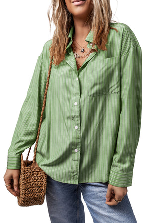 Oversized Sage Stripe Oxford Shirt with button front and chest pocket.