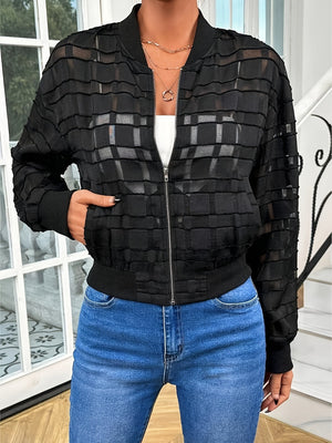 Black bomber jacket with textured gridwork pattern and zip front.