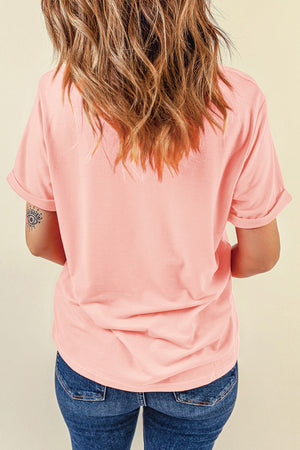 Western Boot Graphic Tee in watermelon pink, casual short sleeve t-shirt with rolled cuffs.