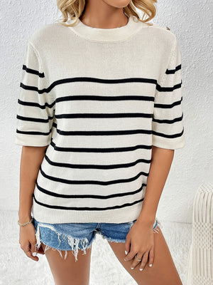 Cream and black striped knit top with button shoulder detail and short sleeves