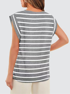 Gray and white striped sleeveless tank top with a round neckline.