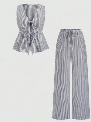 Striped Tie-front Sleeveless Top And Pants Set, model styling view