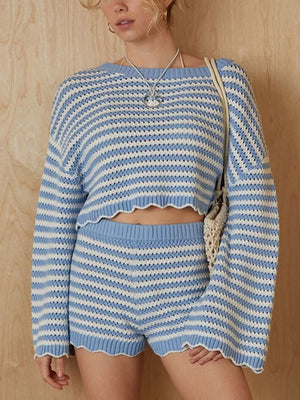 Scalloped Edges Striped Top And Shorts Set in Blue, side view