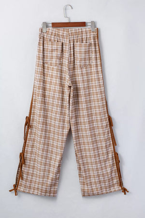 Plaid drawstring casual pants with side tie details in camel and white.