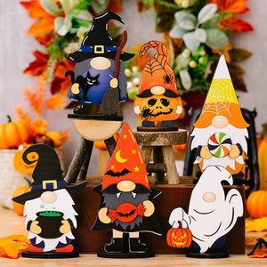 Halloween gnome figurines in assorted styles and colors, including witch, pumpkin, and ghost designs.