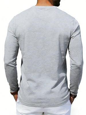 Gray long sleeve t-shirt with crew neck and buttoned placket detail.