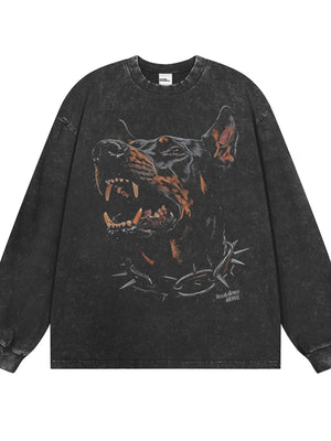 Men's dark gray long-sleeve graphic tee with a snarling dog and chain print.