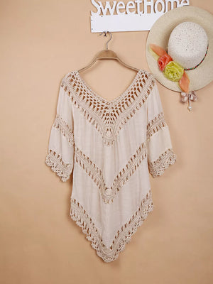Apricot crochet V-neck cover-up with chevron pattern and fringe details.