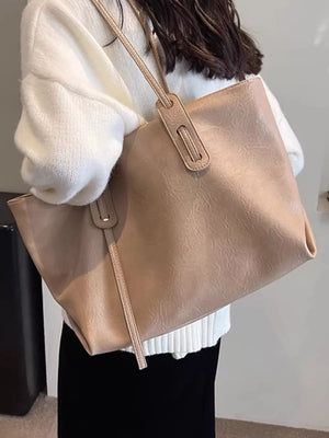 Elegant large khaki pu leather shoulder bag with a textured finish.
