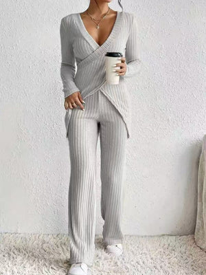 Light Gray ribbed knit crossover lounge set with wide leg pants and V-neck top.