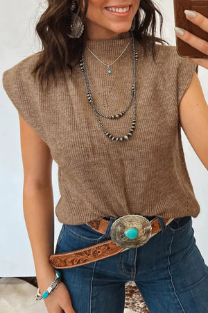 Brown ribbed knit mock neck sweater vest with cap sleeves.