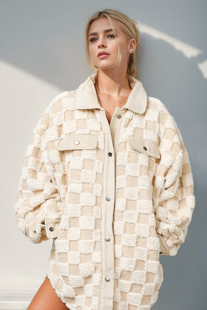 Cream checkered shacket with corduroy trim and buttoned pockets