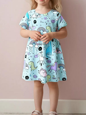 Baby girl's light blue short sleeve dress with dinosaur and unicorn print.