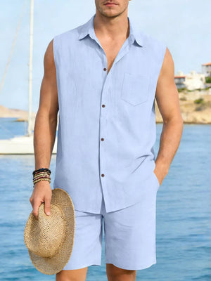 Men's sky blue linen sleeveless shirt and shorts set with pocket detail