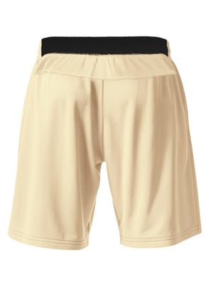 Apricot chino shorts with black elastic waistband and drawstring detail