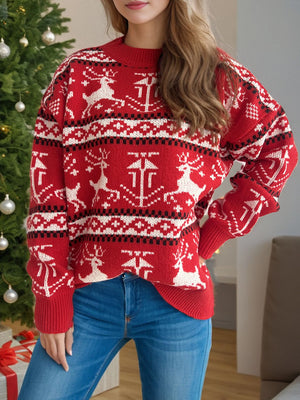 Red crew neck sweater with reindeer and fair isle pattern, acrylic knit.
