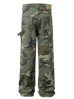 Relaxed fit camouflage cargo pants with multiple pockets and a tool loop.