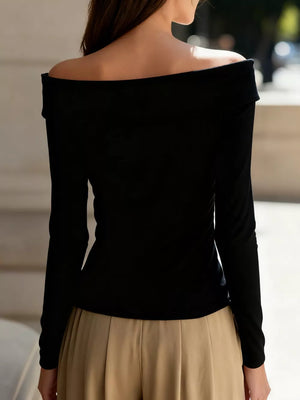 Elegant Off-the-shoulder Blouse With Buttons in White, back view