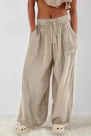 Loose Fit Gauze Pants With Drawstring Waist in Khaki, side view