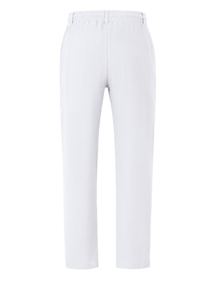 Men's white loose fit sweatpants with drawstring waist and straight leg.