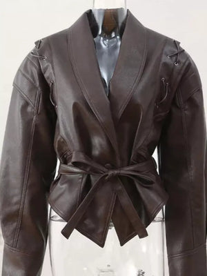 Belted Leather Jacket With Shawl Collar in Dark Brown, product detail