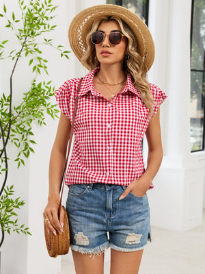 Plaid Button Up Cap Sleeve Shirt in Blue, close-up detail