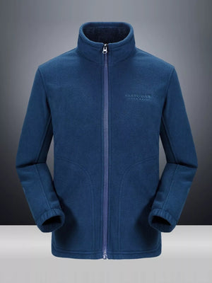 Men's blue thermal windproof hooded jacket with full zip and stand collar.