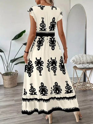 Ruffled Printed V-neck Maxi Dress in Dark Navy, close-up detail