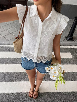 White lace-trimmed ruffle sleeve button-up maternity shirt with eyelet detail