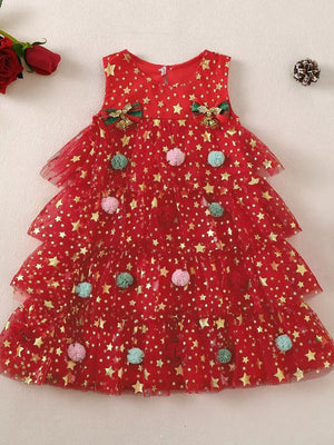 Red star print tulle baby dress with tiered skirt and pom-poms