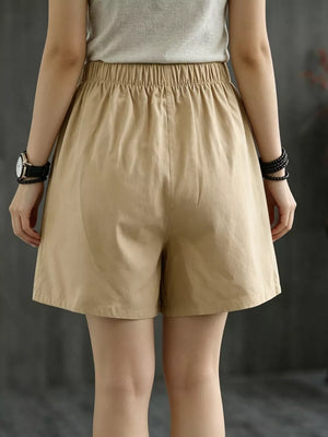 Khaki chino shorts with elastic waist and relaxed fit.