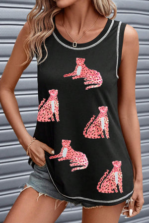 Black sequin leopard graphic tank top with contrast stitching