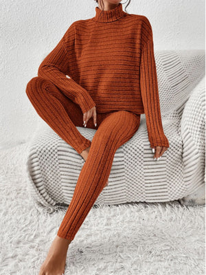 Textured turtleneck lounge set in caramel with ribbed details and long sleeves.