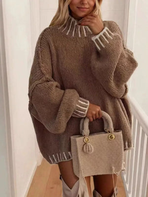 Contrast Trim Chunky Knit Sweater in Black, side view