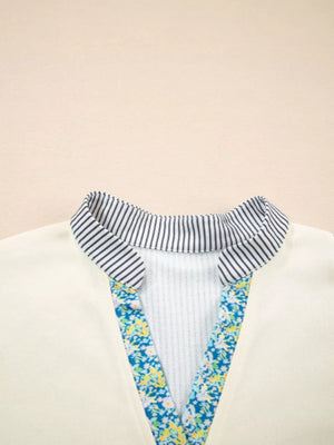 Floral Striped Drop Sleeve Collared Sweatshirt in Cream, view 13