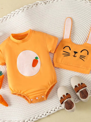 Children's Carrot Embroidered Round Neck One-piece & Hat Set in Orange, side view