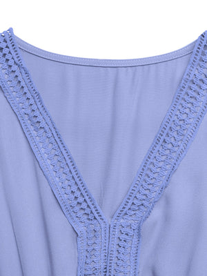 Blue maxi dress with V-neck and lace trim detail