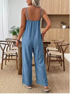 Spaghetti Strap Wide Leg Jumpsuit in Dusty Blue, side view